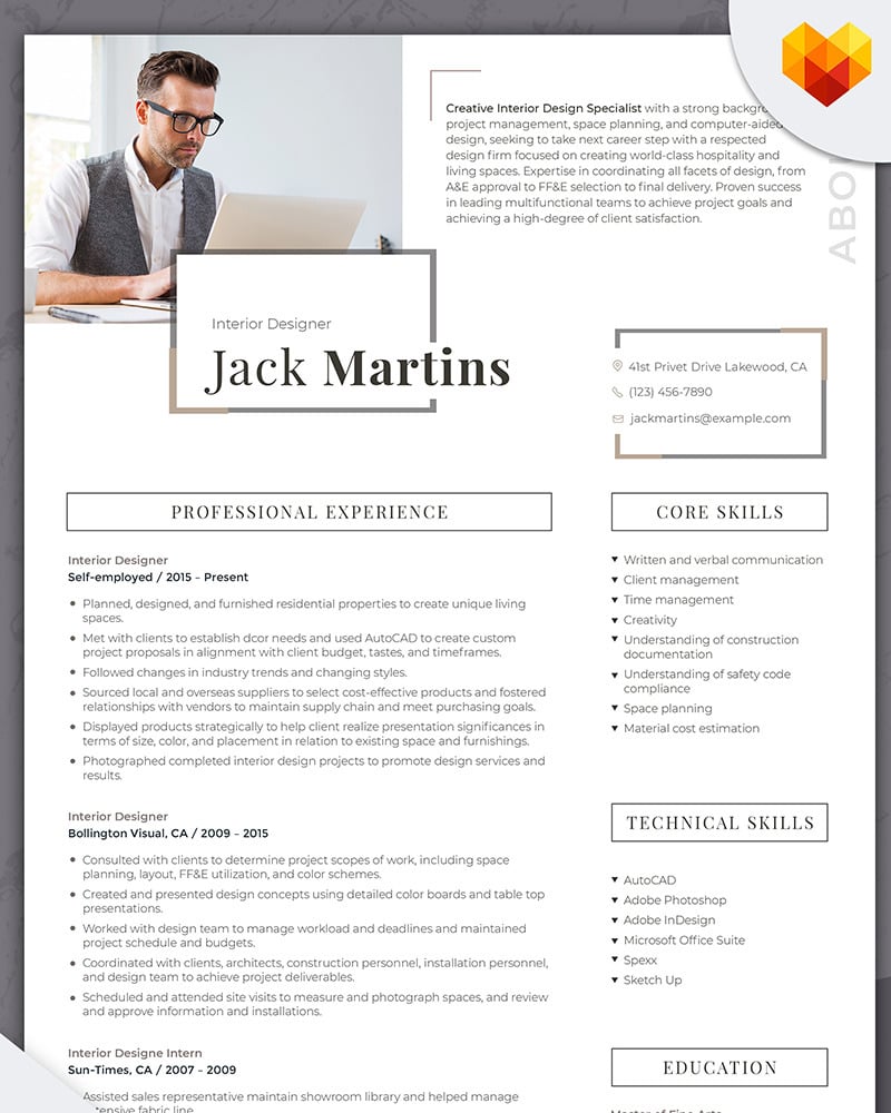 Jack Martins Plantilla de curriculum vitae de diseñador de interiores