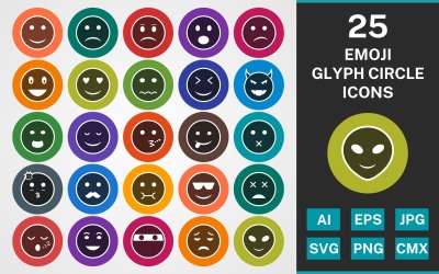 25 Ensemble d&amp;#39;icônes EMOJI GLYPH CIRCLE PACK