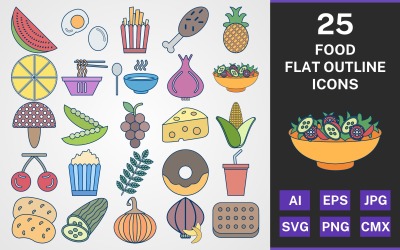 25 FOOD FLAT OUTLINE PACK ikonkészlet