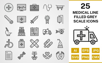 25 Conjunto de ícones em escala de cinza preenchidos com linha médica