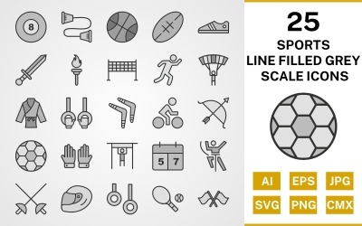 25 Sports And Games Line Filled Greyscale Icon Set