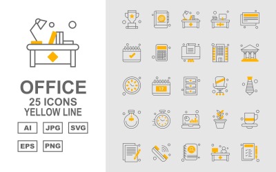 25 Prémium Office sárga vonal csomag ikon készlet