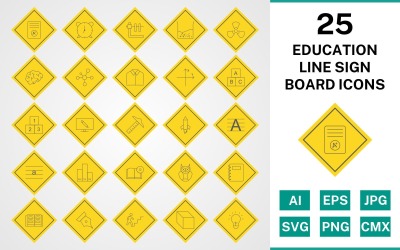 25 Education Line Sign Board Icon Set