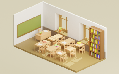 低聚椅子，桌子，植物，窗户，图书馆 ... 在教室的3D模型中