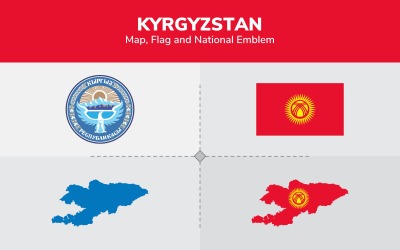 吉尔吉斯斯坦地图，国旗和国徽-插图
