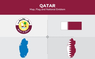 卡塔尔地图，国旗和国徽-插图