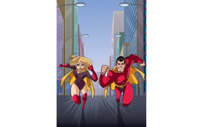 Superheld paar uitgevoerd in stad - illustratie