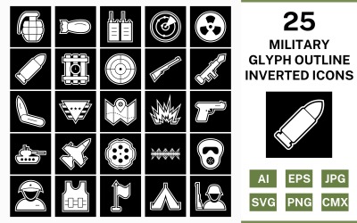 25 militaire glyph-overzicht omgekeerde pictogramserie