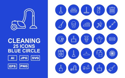 25 Conjunto de iconos de círculo azul de limpieza premium