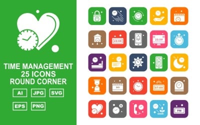 25 Premium Time Management Round Corner Icon Set