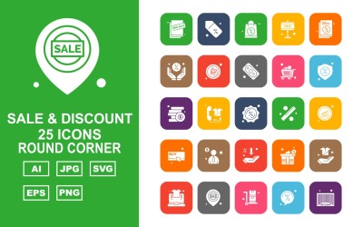 25 Premium Sale &amp;amp; Discount Round Corner Icon Set