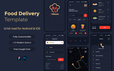 DMeals - Kit móvel da interface do usuário do aplicativo Food Delivery App para Android | IOS (escuro)