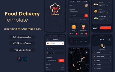 DMeals - Le kit mobile de l&amp;#39;interface utilisateur de l&amp;#39;application de livraison de nourriture Android | IOS (sombre)