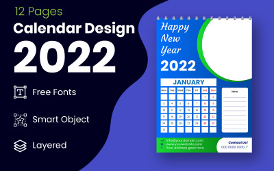 Nowy rok 2022 zielony i niebieski szablon projektu kalendarza wektor