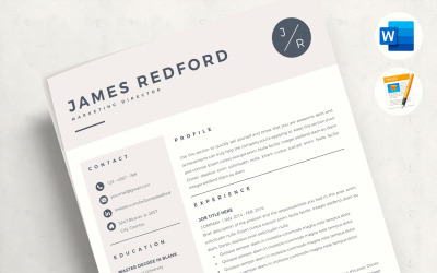 JAMES - Marknadsföring Professionell CV CV -mall med logotyp för MS Word och sidor
