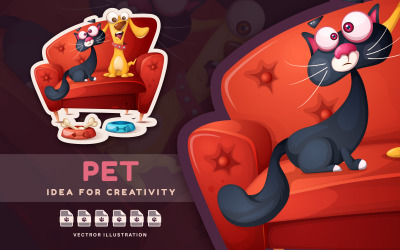 狗和猫在沙发上-可爱的贴纸，图形插图