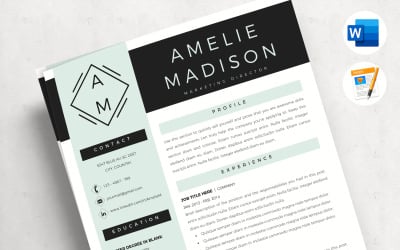 AMELIE -营销简历模板Word &amp;amp; Pages. 带Logo的简历，求职信 &amp;amp; References