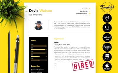 David Watson - Microsoft Word ve iWork Sayfaları için Kapak Mektubu ile Yaratıcı CV Özgeçmiş Şablonu