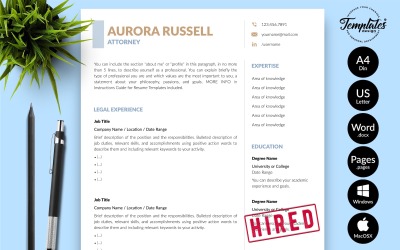 Aurora Russell - Microsoft Word ve iWork Sayfaları için Ön Yazılı Avukat Özgeçmiş Şablonu