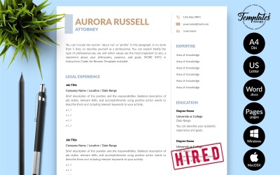 Aurora Russell - Modello di curriculum per avvocato con lettera di presentazione per Microsoft Word e pagine iWork
