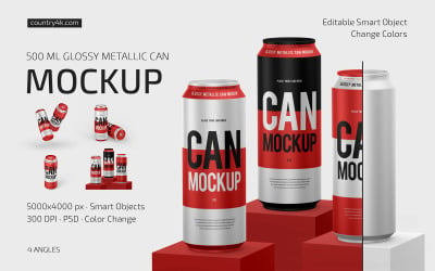 500ml Glossy Metallic Can Mockup Set