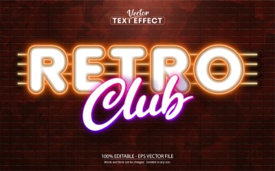 Clube retro - estilo néon, efeito de texto editável, estilo de fonte, ilustração gráfica