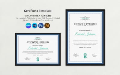 Plantilla de certificado de reconocimiento de Canva disponible en tamaño A4 y carta de EE. UU.