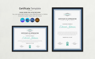 Шаблон сертифіката вдячності Canva доступний у форматі A4 та US Letter