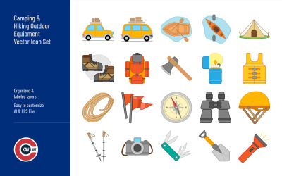 Camping And Hiking Outdoor Equipment Vector Icon Set