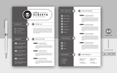 Modelo de Currículo para Impressão de Layout de CV de Duas Páginas em Preto