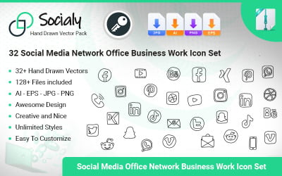 Socialy - 32+ 社交媒体 Network Office Conjunto de Ícones de Negócios