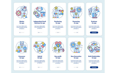 Typen zakelijke coöperaties Onboarding mobiele app-schermset