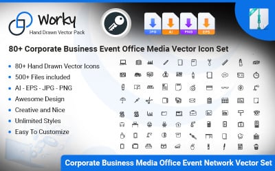 Worky - 80+ Business Office Media Network Vector Ikonuppsättning