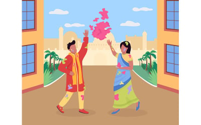 Celebrating Holi festival flat color vector illustration