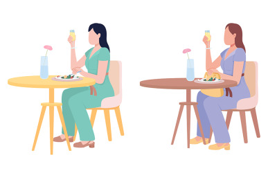 漂亮的女士们享受着白葡萄酒和沙拉，半扁平的彩色矢量符号
