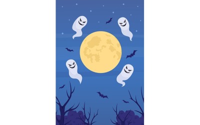 Moon and floating spirits flat color vector illustration