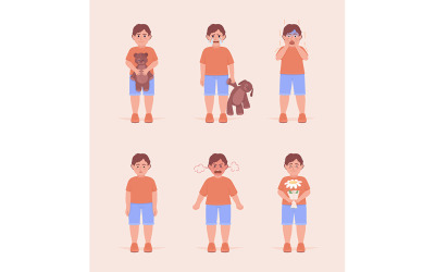 Little boys showing feelings semi flat color vector characters set
