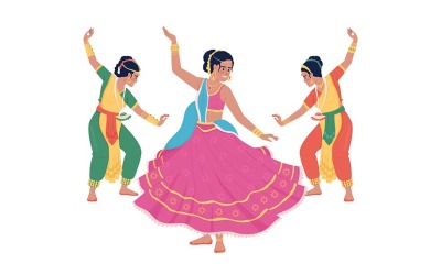 Femmes dansant sur des personnages vectoriels de couleur semi-plat Diwali