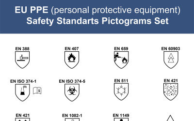 Zestaw piktogramów norm bezpieczeństwa PPE EN