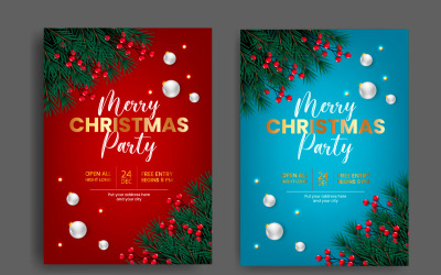 圣诞派对传单或海报设计模板与松枝装饰