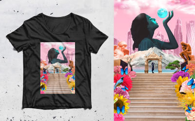Camiseta com design digital surreal de arte colagem