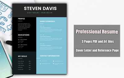 Afdrukbaar CV-sjabloon PDF Zwart-Lichtblauw