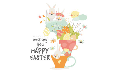 可爱的卡通兔子与鸡蛋和鲜花插图