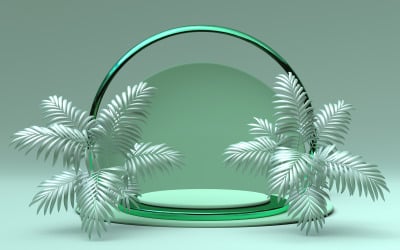 3D最小几何场景与圆形平台和绿色热带抽象夏季棕榈树
