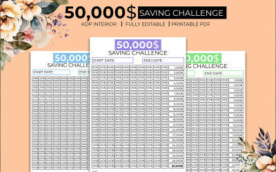 50K Saving Challenge Journal Planner Kdp Interior en 3 colores
