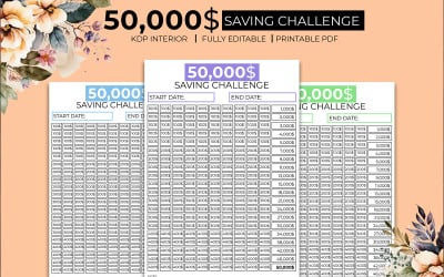 50K Saving Challenge Journal Planner Kdp Wnętrze w 3 kolorach