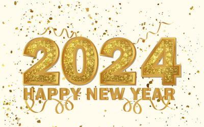 2024年新年快乐，金色闪光五彩纸屑背景