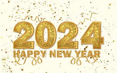 2024年新年快乐，金色闪闪的五彩纸屑为背景