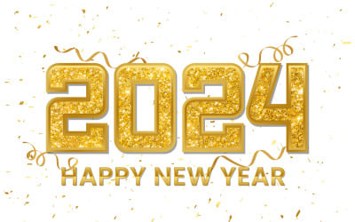 新年快乐2024文字效果，金色闪闪的五彩纸屑背景