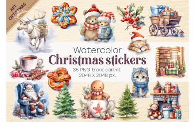 Kerststickers met aquarelverf. Clip art.